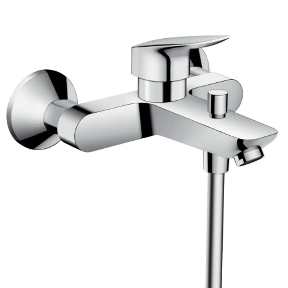 Chromfarbener Einhebel-Wannenmischer von Hansgrohe, Aufputz montiert, mit einem zentralen Hebel und einem seitlichen Auslauf, für die Wandinstallation.